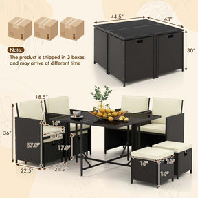 9Pcs Space-Saving Rattan Wicker Outdoor Dining Furniture Set with Tempered Glass Table and Ottomans