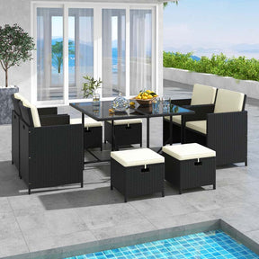 9Pcs Space-Saving Rattan Wicker Outdoor Dining Furniture Set with Tempered Glass Table and Ottomans