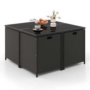 9Pcs Space-Saving Rattan Wicker Outdoor Dining Furniture Set with Tempered Glass Table and Ottomans