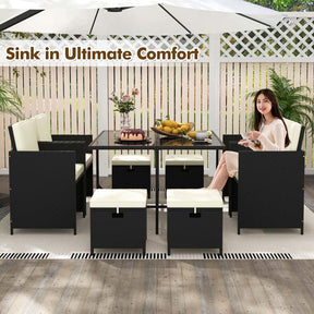 9Pcs Space-Saving Rattan Wicker Outdoor Dining Furniture Set with Tempered Glass Table and Ottomans