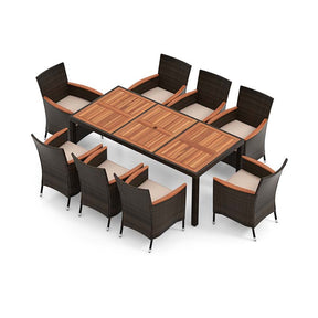 10Pcs Patio Rattan Dining Set with 15FT Double-Sided Umbrella, Heavy Duty Acacia Wood Table & Stackable Wicker Chairs