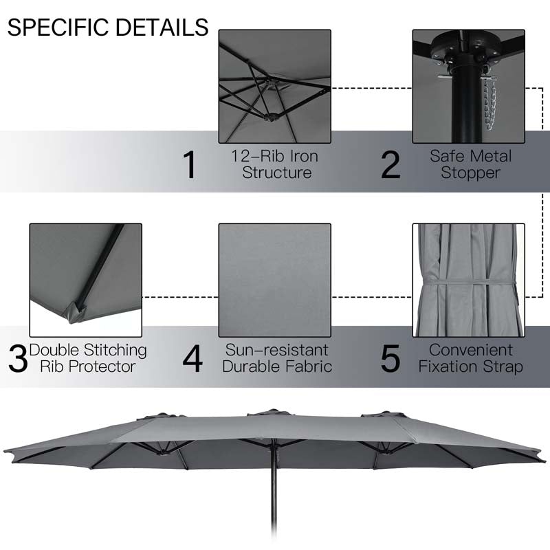10Pcs Patio Rattan Dining Set with 15FT Double-Sided Umbrella, Heavy Duty Acacia Wood Table & Stackable Wicker Chairs