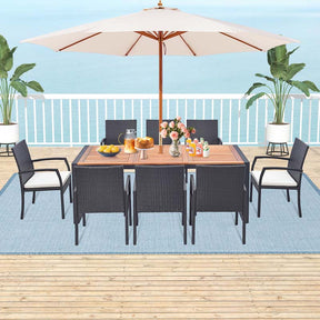 9Pcs Patio Rattan Dining Furniture Set with Acacia Wood Table, Outdoor Table Chairs Set with Cushions and 1.9" Umbrella Hole
