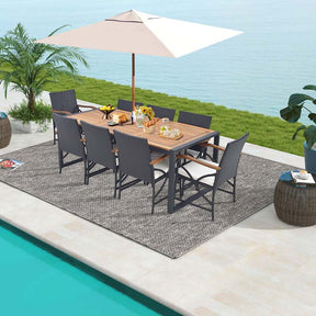 9Pcs Patio Rattan Dining Furniture Set with Acacia Wood Table, Outdoor Table Chairs Set with Cushions and 1.9" Umbrella Hole