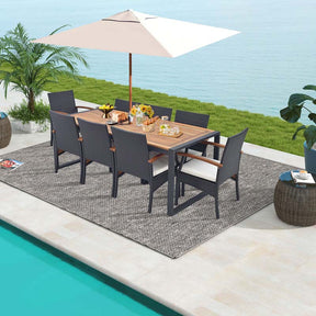 9Pcs Patio Rattan Dining Furniture Set with Acacia Wood Table, Outdoor Table Chairs Set with Cushions and 1.9" Umbrella Hole