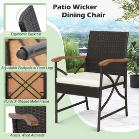 9Pcs Patio Rattan Dining Furniture Set with Acacia Wood Table, Outdoor Table Chairs Set with Cushions and 1.9" Umbrella Hole