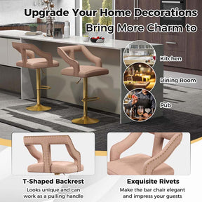 Adjustable Swivel Bar Stools Set of 2/4 with Back & Electroplated Metal Base, Dutch Velvet Dining Chairs for Kitchen Island, Home Bar