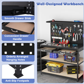 48" x 24" Workbench Work Table with 3 PCs Pegboard, Drawer & Shelves, 24 Hanging Accessories, 506 LBS Heavy-Duty Metal Tool Work Station