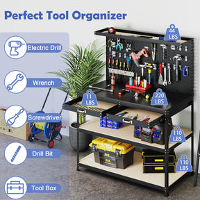 48" x 24" Workbench Work Table with 3 PCs Pegboard, Drawer & Shelves, 24 Hanging Accessories, 506 LBS Heavy-Duty Metal Tool Work Station