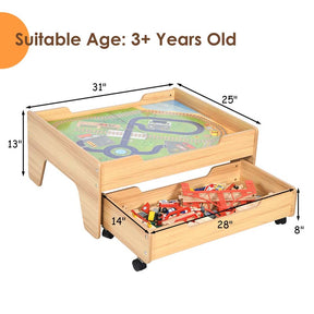 Kids Wooden Train Track Set Table with 100 Multicolor Pieces & Storage Drawer, Toddlers Activity Table Playset Gift for  Boys Girls