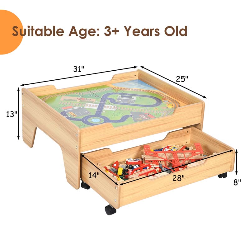 Kids Wooden Train Track Set Table with 100 Multicolor Pieces & Storage Drawer, Toddlers Activity Table Playset Gift for  Boys Girls