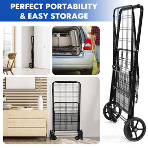 330LBS Foldable Jumbo Shopping Cart w/ 360° Rolling Swivel Wheels & Double Basket, Heavy Duty Folding Utility Cart for Grocery Laundry Luggage