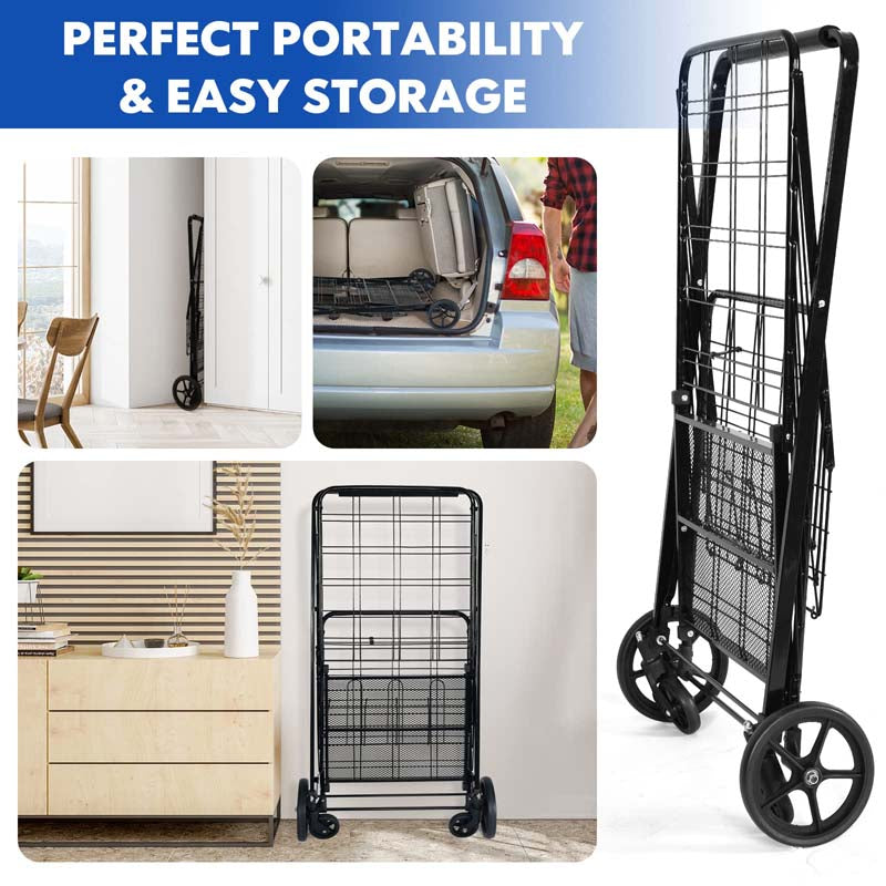330LBS Foldable Jumbo Shopping Cart w/ 360° Rolling Swivel Wheels & Double Basket, Heavy Duty Folding Utility Cart for Grocery Laundry Luggage
