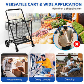 330LBS Foldable Jumbo Shopping Cart w/ 360° Rolling Swivel Wheels & Double Basket, Heavy Duty Folding Utility Cart for Grocery Laundry Luggage