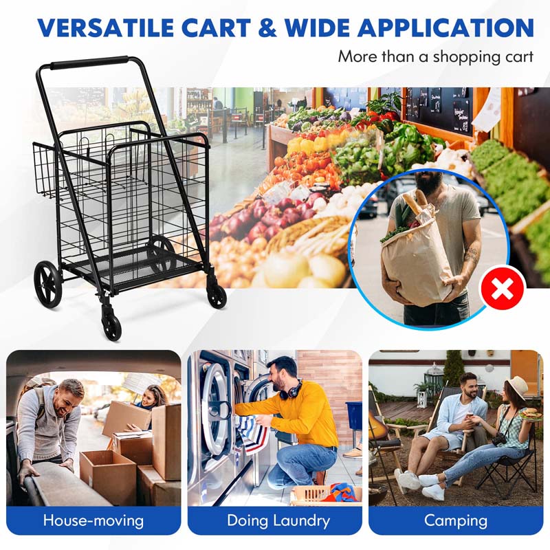 330LBS Foldable Jumbo Shopping Cart w/ 360° Rolling Swivel Wheels & Double Basket, Heavy Duty Folding Utility Cart for Grocery Laundry Luggage