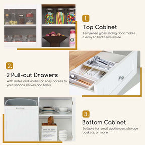 68" Tall Kitchen Pantry Cabinet, Buffet Hutch with Tilt Out Trash Can Storage, Microwave Countertop & Sliding Glass Door for Home Coffee Bar