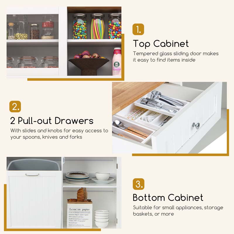 68" Tall Kitchen Pantry Cabinet, Buffet Hutch with Tilt Out Trash Can Storage, Microwave Countertop & Sliding Glass Door for Home Coffee Bar