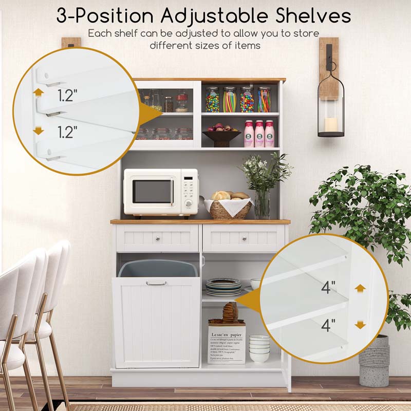 68" Tall Kitchen Pantry Cabinet, Buffet Hutch with Tilt Out Trash Can Storage, Microwave Countertop & Sliding Glass Door for Home Coffee Bar