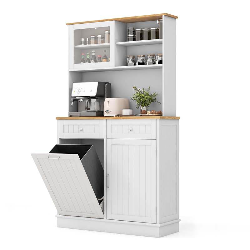 68" Tall Kitchen Pantry Cabinet, Buffet Hutch with Tilt Out Trash Can Storage, Microwave Countertop & Sliding Glass Door for Home Coffee Bar