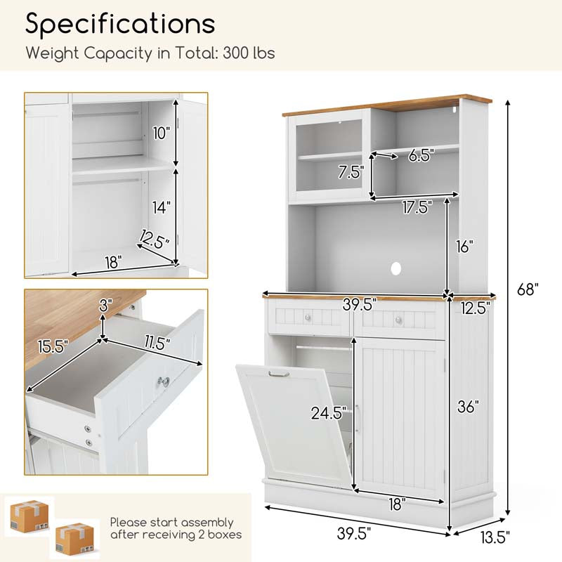68" Tall Kitchen Pantry Cabinet, Buffet Hutch with Tilt Out Trash Can Storage, Microwave Countertop & Sliding Glass Door for Home Coffee Bar