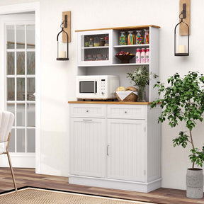 68" Tall Kitchen Pantry Cabinet, Buffet Hutch with Tilt Out Trash Can Storage, Microwave Countertop & Sliding Glass Door for Home Coffee Bar