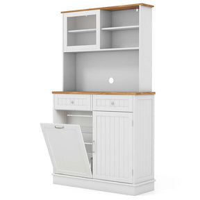 68" Tall Kitchen Pantry Cabinet, Buffet Hutch with Tilt Out Trash Can Storage, Microwave Countertop & Sliding Glass Door for Home Coffee Bar
