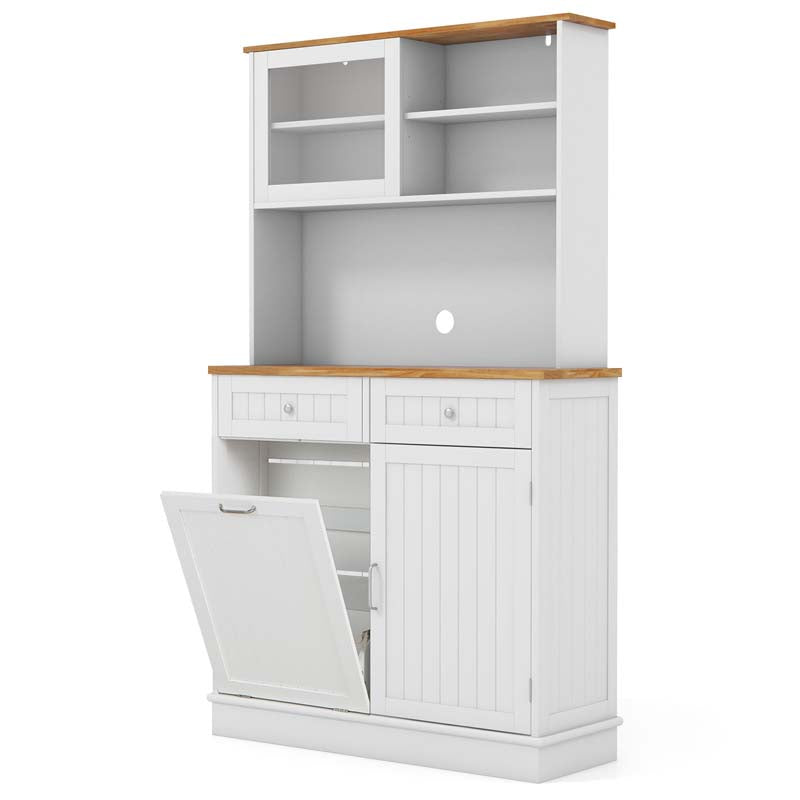 68" Tall Kitchen Pantry Cabinet, Buffet Hutch with Tilt Out Trash Can Storage, Microwave Countertop & Sliding Glass Door for Home Coffee Bar