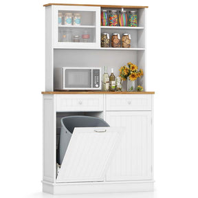 68" Tall Kitchen Pantry Cabinet, Buffet Hutch with Tilt Out Trash Can Storage, Microwave Countertop & Sliding Glass Door for Home Coffee Bar