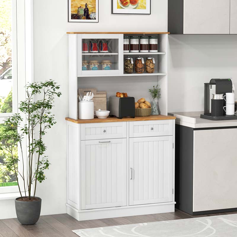 68" Tall Kitchen Pantry Cabinet, Buffet Hutch with Tilt Out Trash Can Storage, Microwave Countertop & Sliding Glass Door for Home Coffee Bar