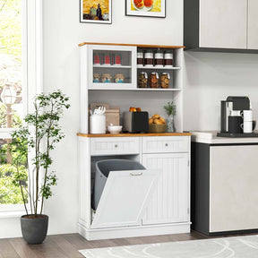 68" Tall Kitchen Pantry Cabinet, Buffet Hutch with Tilt Out Trash Can Storage, Microwave Countertop & Sliding Glass Door for Home Coffee Bar