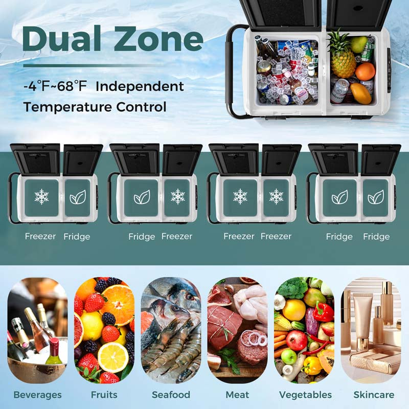 53-Quart Dual-zone Car Refrigerator with Wheels, 12V/24V DC, 100-240V AC, Portable Car Fridge Freezer Electric Cooler for RV Camping