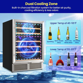 51 Bottles Dual Zone Wine Cooler Refrigerator with Reversible Door, 24" Built-in or Freestanding Mini Wine Fridge for Home Bar Office