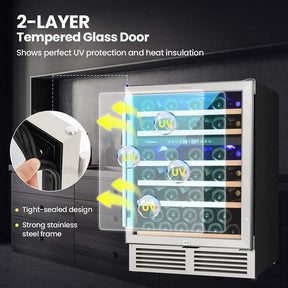 51 Bottles Dual Zone Wine Cooler Refrigerator with Reversible Door, 24" Built-in or Freestanding Mini Wine Fridge for Home Bar Office