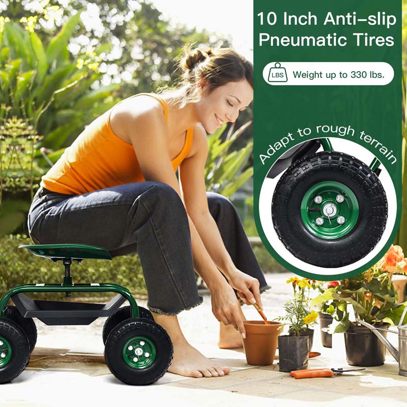 4-Wheel Garden Cart Workseat with Storage Basket & Tool Tray, Heavy Duty Patio Wagon Scooter for Planting