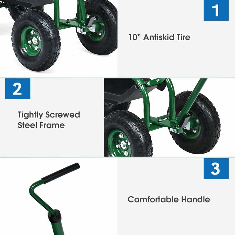 4-Wheel Garden Cart Workseat with Storage Basket & Tool Tray, Heavy Duty Patio Wagon Scooter for Planting