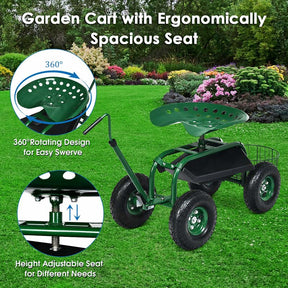 4-Wheel Garden Cart Workseat with Storage Basket & Tool Tray, Heavy Duty Patio Wagon Scooter for Planting