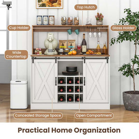 Farmhouse Coffee Bar Cabinet with Charging Station, 2 Sliding Barn Doors, 9-Bottle Wine Rack & Glass Holder, Kitchen Buffet Sideboard with Hutch