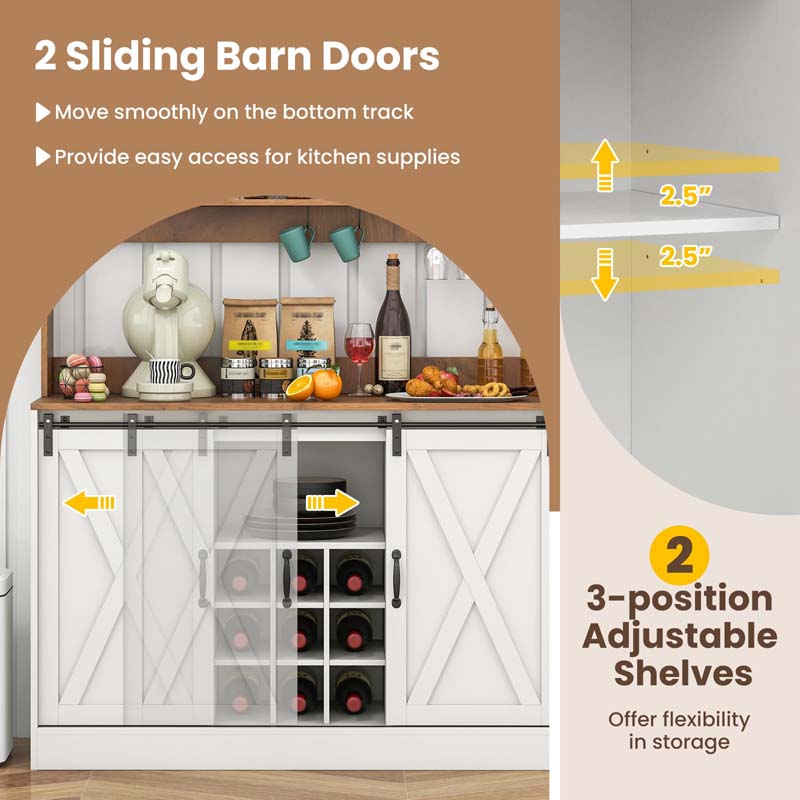 Farmhouse Coffee Bar Cabinet with Charging Station, 2 Sliding Barn Doors, 9-Bottle Wine Rack & Glass Holder, Kitchen Buffet Sideboard with Hutch