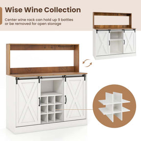 Farmhouse Coffee Bar Cabinet with Charging Station, 2 Sliding Barn Doors, 9-Bottle Wine Rack & Glass Holder, Kitchen Buffet Sideboard with Hutch