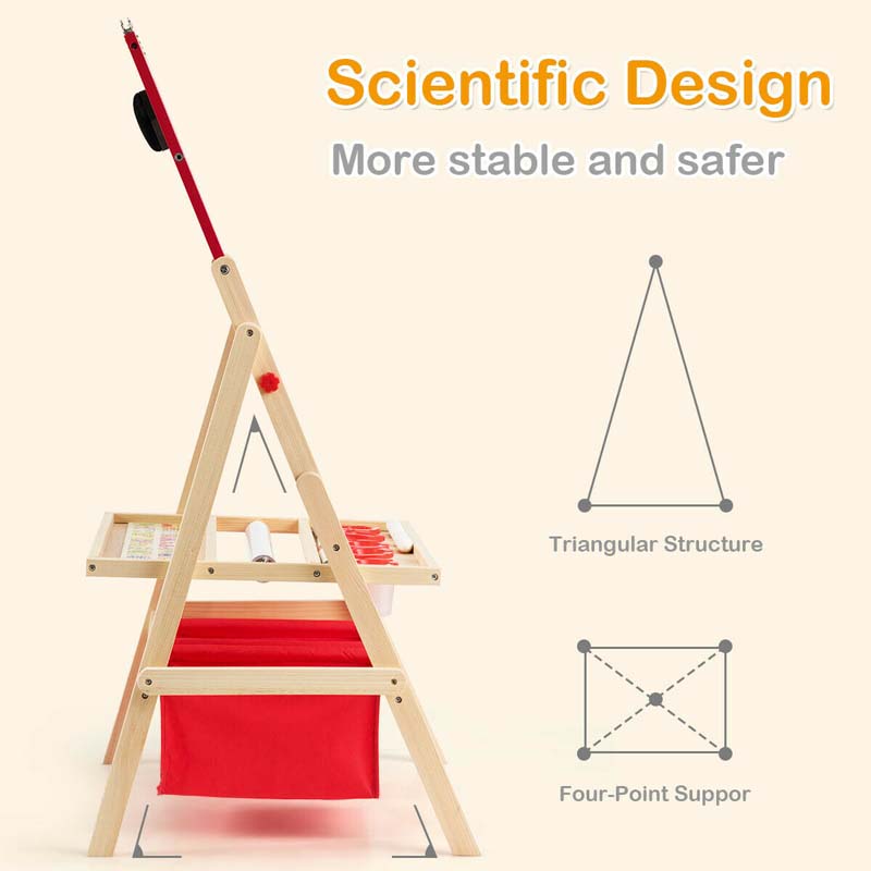 3-in-1 Wood Kids Art Easel, Flip-Over Double-Sided Adjustable Drawing Board with Magnetic Whiteboard, Chalkboard & Storage Bins for Toddlers