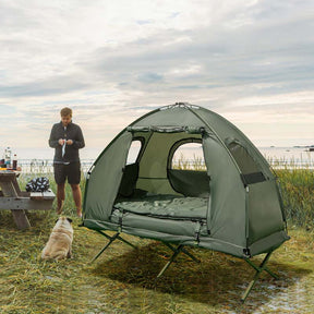 5-in-1 Camping Tent Cot for 1-Person, Foldable Elevated Tent with Awning, Air Mattress, Sleeping Bag & Carrying Bag for Outdoor Hiking & Picnic