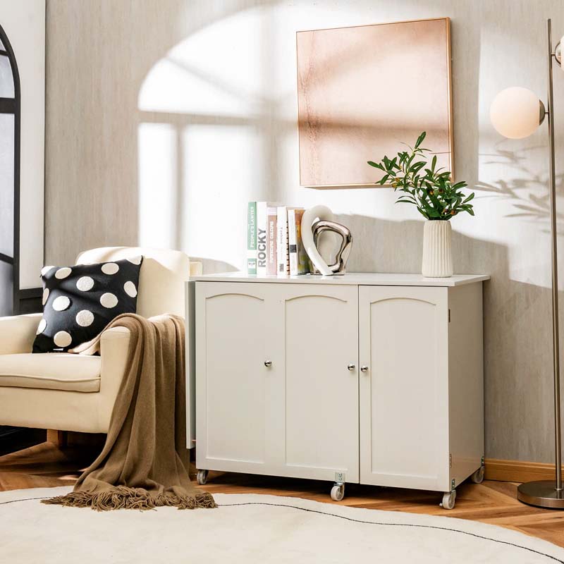 62.5" Folding Sewing Table Rolling Craft Station with Storage Cabinet & Shelves, Foldable Sewing Machine Desk w/ Lockable Wheels for Home
