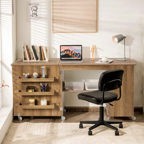 62.5" Folding Sewing Table Rolling Craft Station with Storage Cabinet & Shelves, Foldable Sewing Machine Desk w/ Lockable Wheels for Home