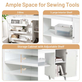 62.5" Folding Sewing Table Rolling Craft Station with Storage Cabinet & Shelves, Foldable Sewing Machine Desk w/ Lockable Wheels for Home