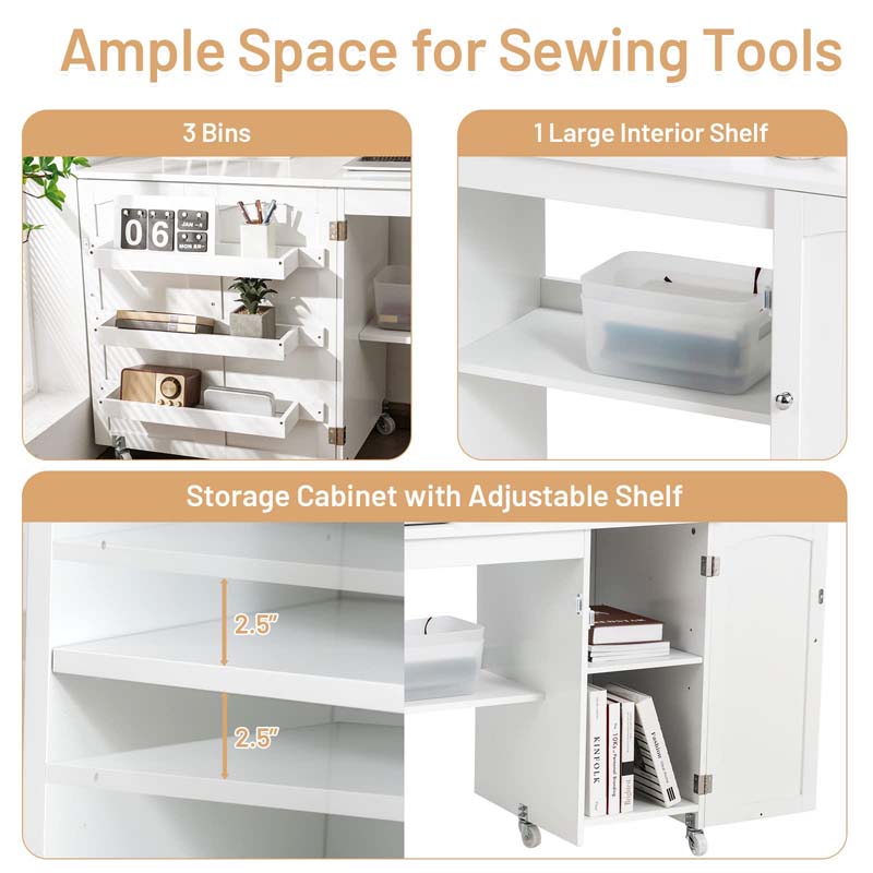 62.5" Folding Sewing Table Rolling Craft Station with Storage Cabinet & Shelves, Foldable Sewing Machine Desk w/ Lockable Wheels for Home