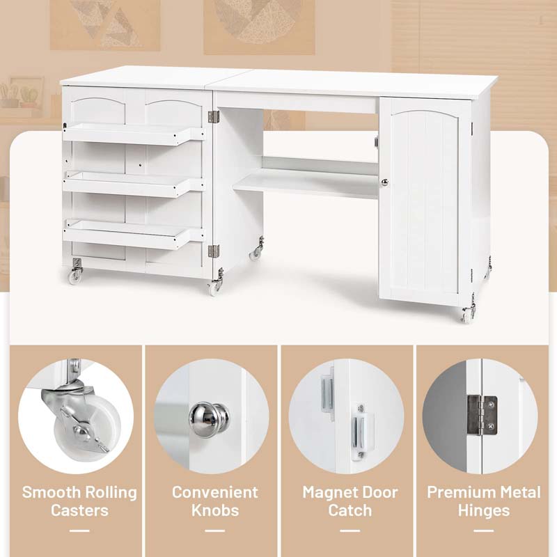 62.5" Folding Sewing Table Rolling Craft Station with Storage Cabinet & Shelves, Foldable Sewing Machine Desk w/ Lockable Wheels for Home