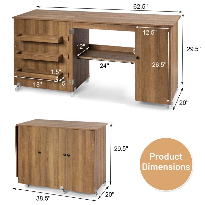 62.5" Folding Sewing Table Rolling Craft Station with Storage Cabinet & Shelves, Foldable Sewing Machine Desk w/ Lockable Wheels for Home