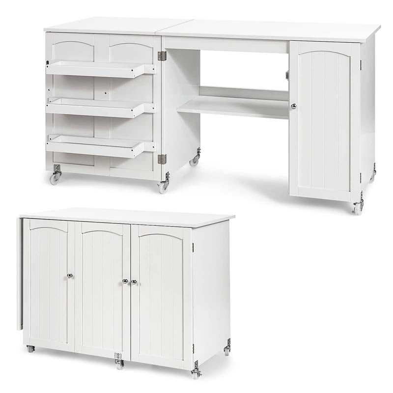 62.5" Folding Sewing Table Rolling Craft Station with Storage Cabinet & Shelves, Foldable Sewing Machine Desk w/ Lockable Wheels for Home