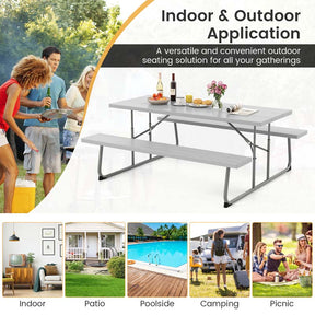 8 Person 6FT Folding Picnic Table Bench Set, All-Weather HDPE Outdoor Dining Table with Umbrella Hole & Heavy Duty Metal Frame for Patio Yard