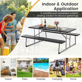 8 Person 6FT Folding Picnic Table Bench Set, All-Weather HDPE Outdoor Dining Table with Umbrella Hole & Heavy Duty Metal Frame for Patio Yard